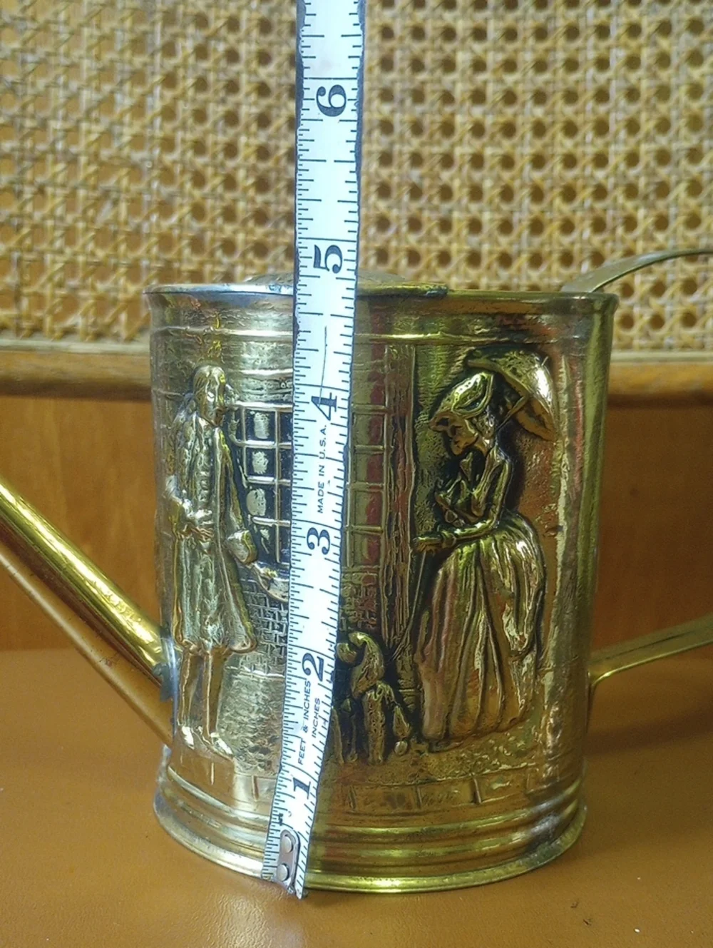 Vintage Molded Brass Watering Can w/ Colonial Historical Figures & Dogs